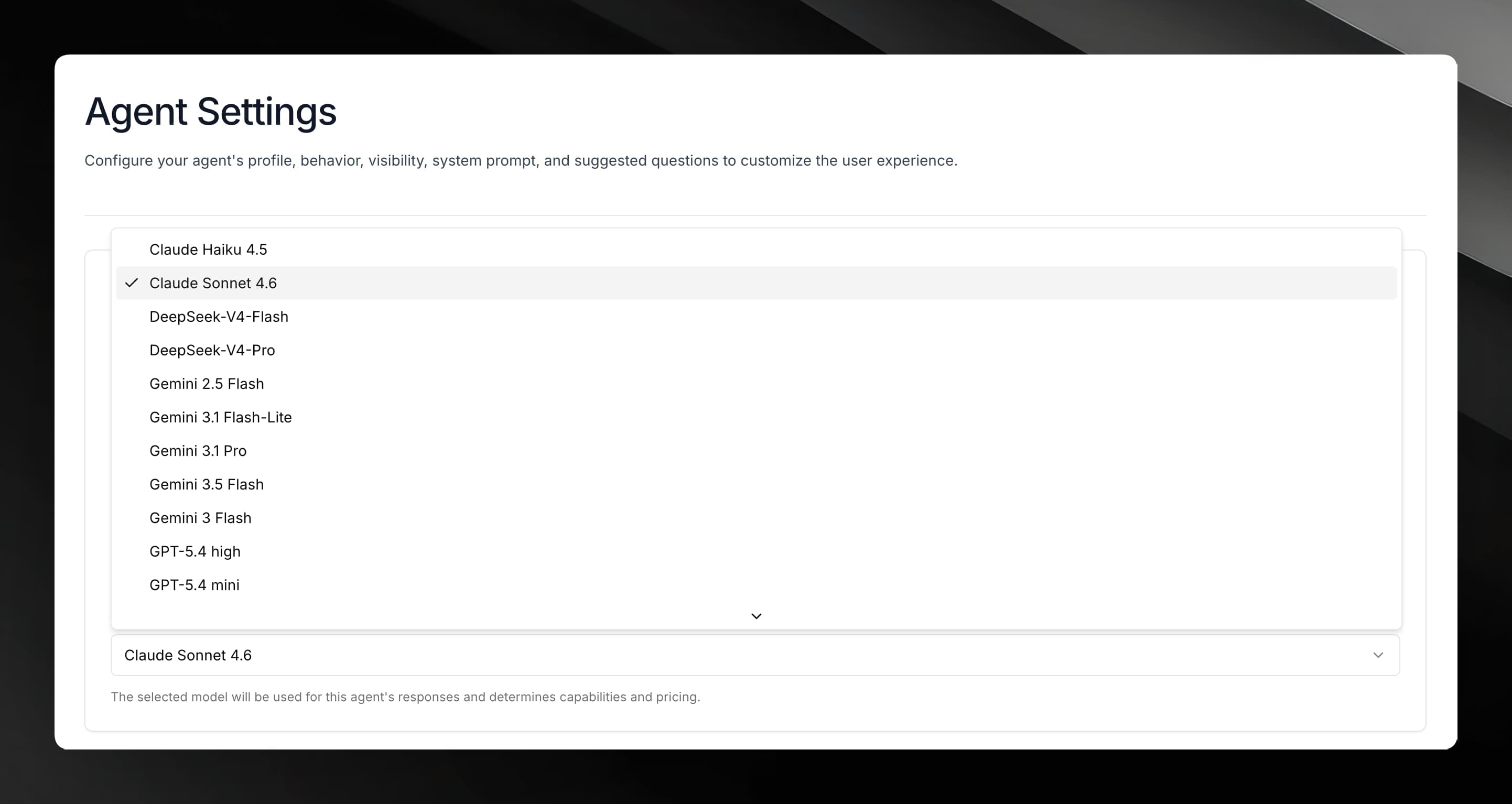 Agent Settings page with the model selector open and a list of available models