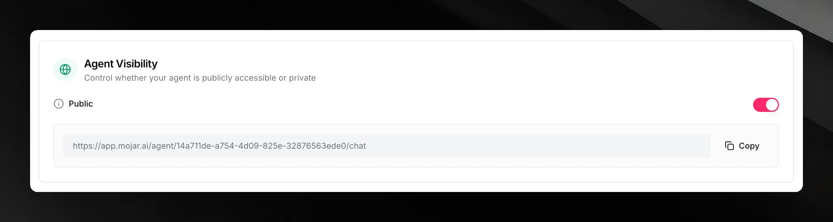 Agent settings page showing the Public toggle on with the public URL and Copy button visible