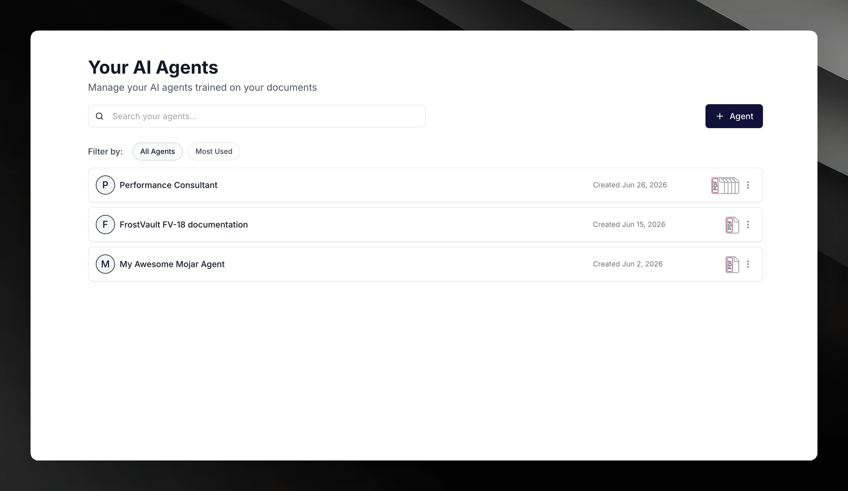 Agents dashboard showing the list of agents and the New agent button