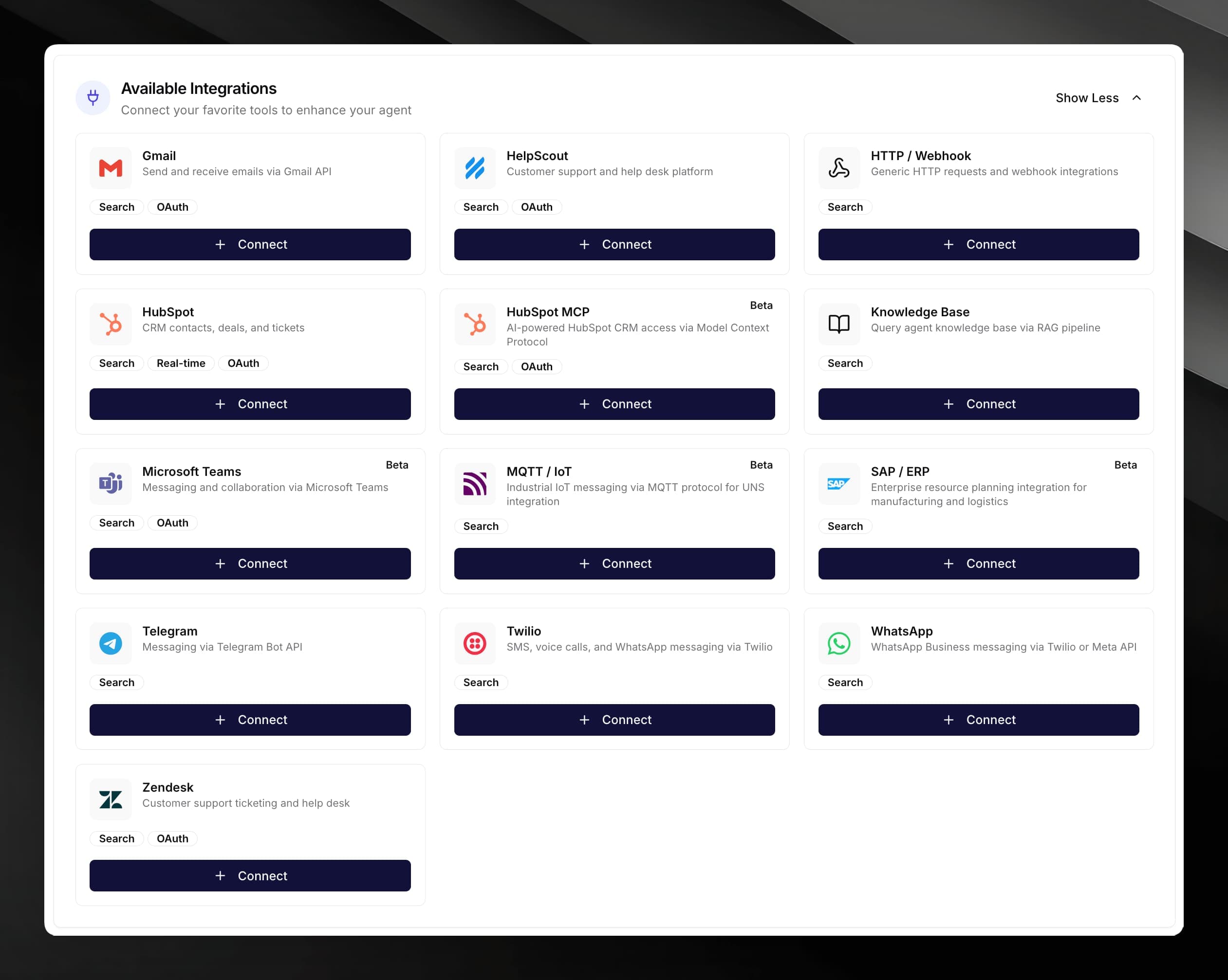 Integrations tab showing the Available Integrations grid with connector cards