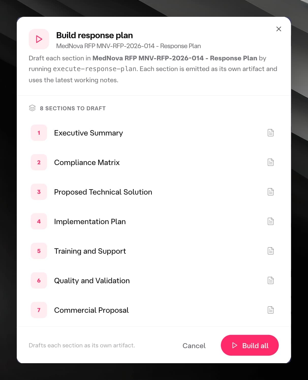 Build plan dialog open showing section list with numbered badges and the Build all button