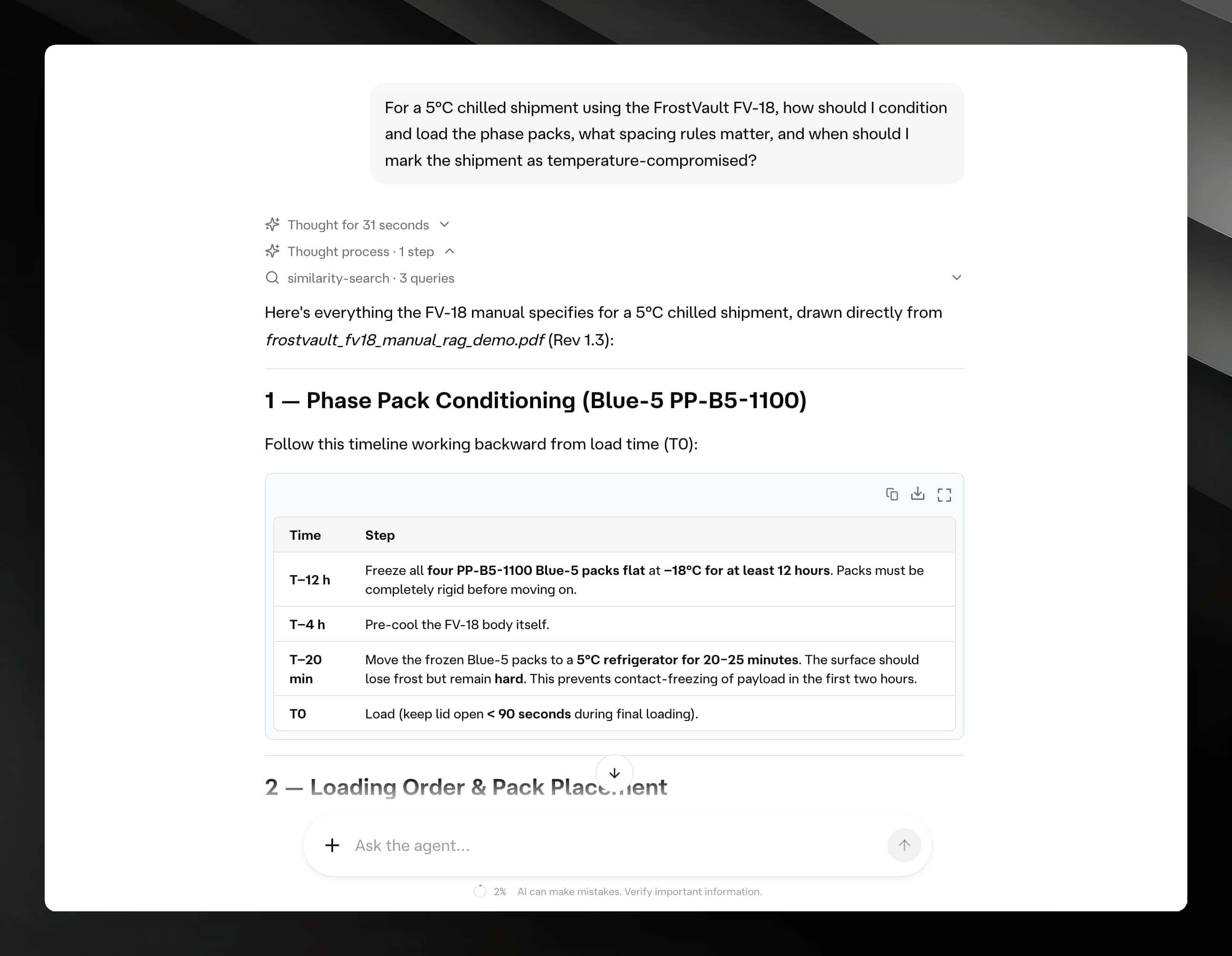 Chat view with a user question and an agent response showing source attribution