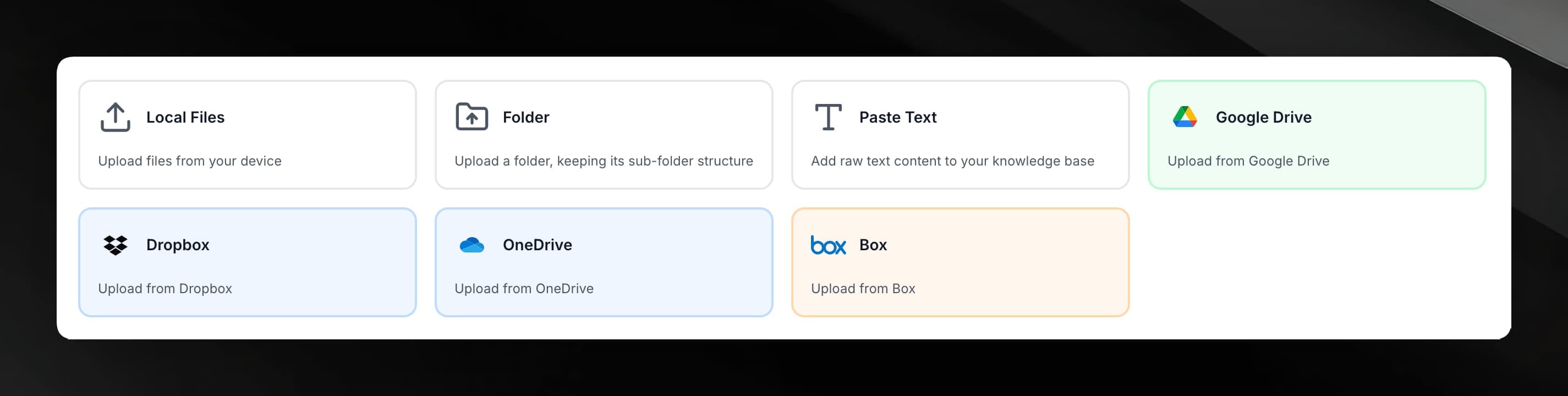 Cloud provider picker showing the Google Drive, Dropbox, OneDrive, and Box options