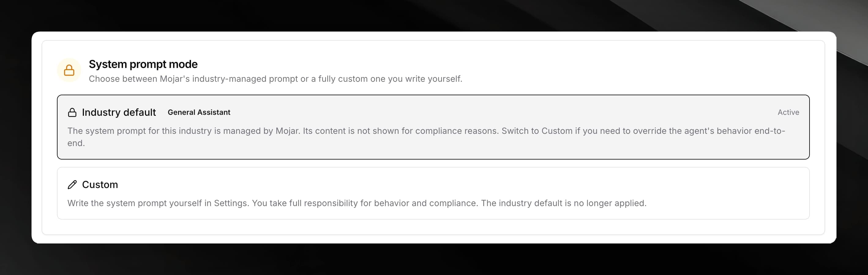 System prompt mode card showing Industry default and Custom options