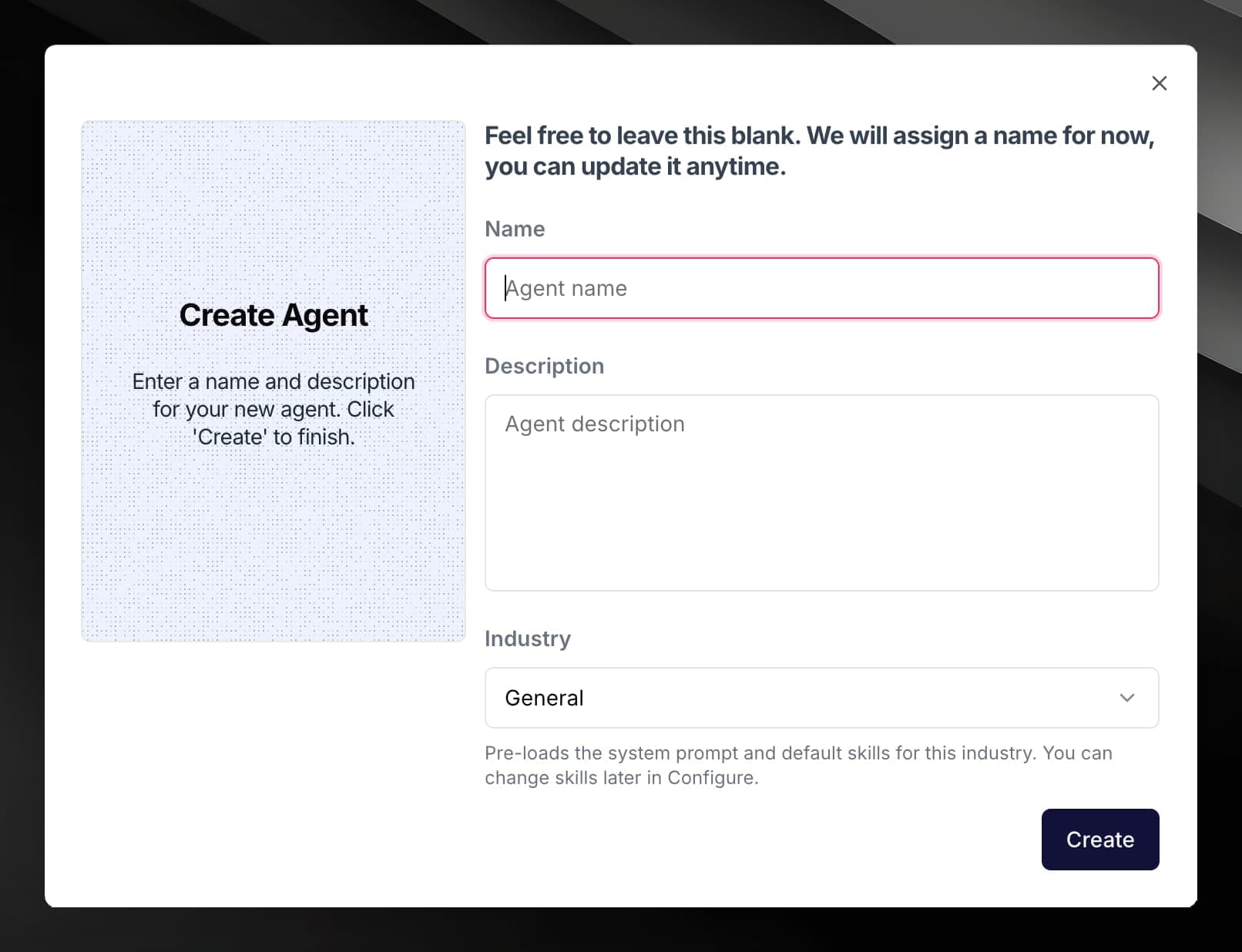 Create Agent modal with name, description, and Industry fields visible