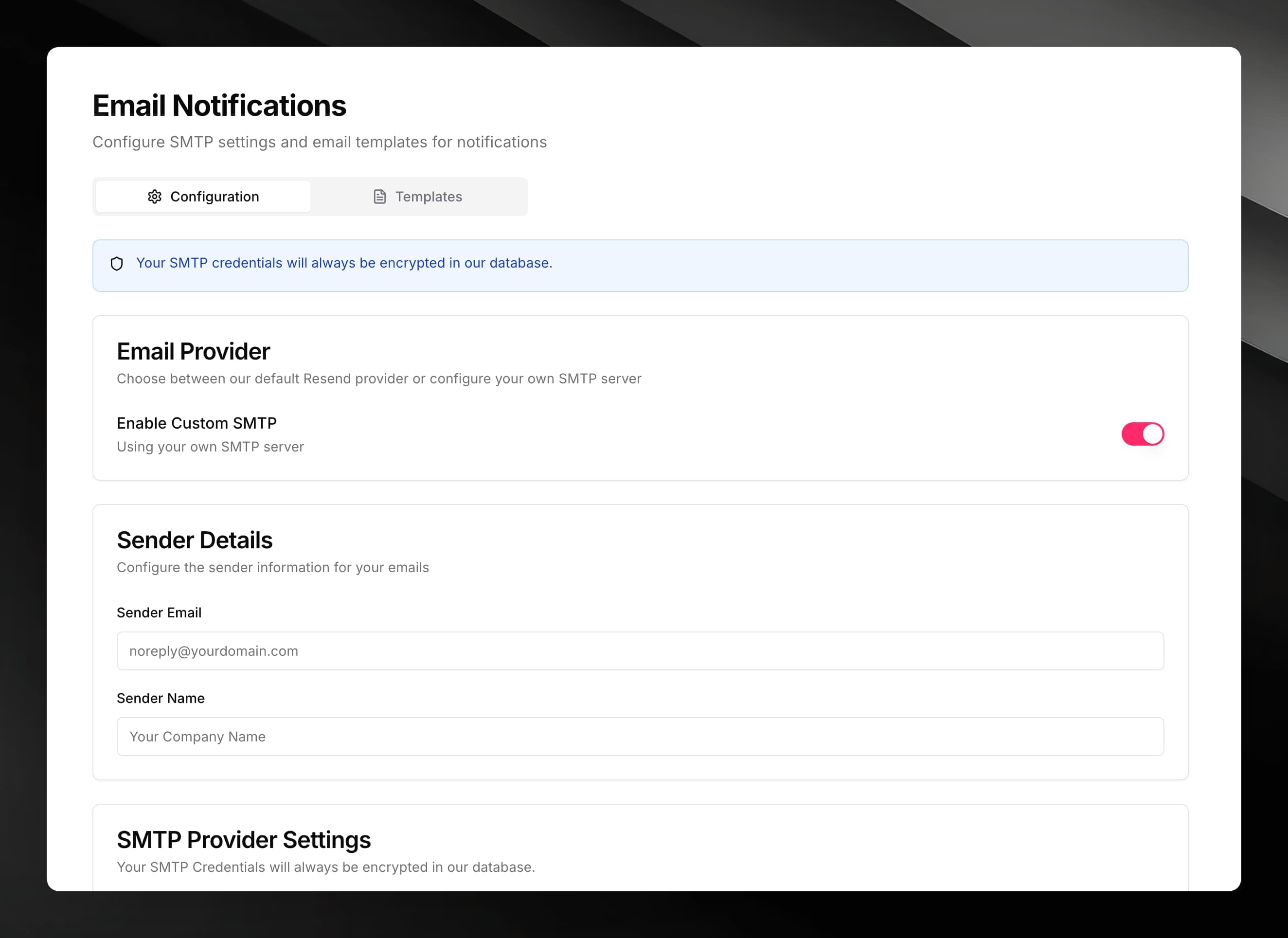 Email Configuration tab showing the Email Provider card with the custom SMTP toggle