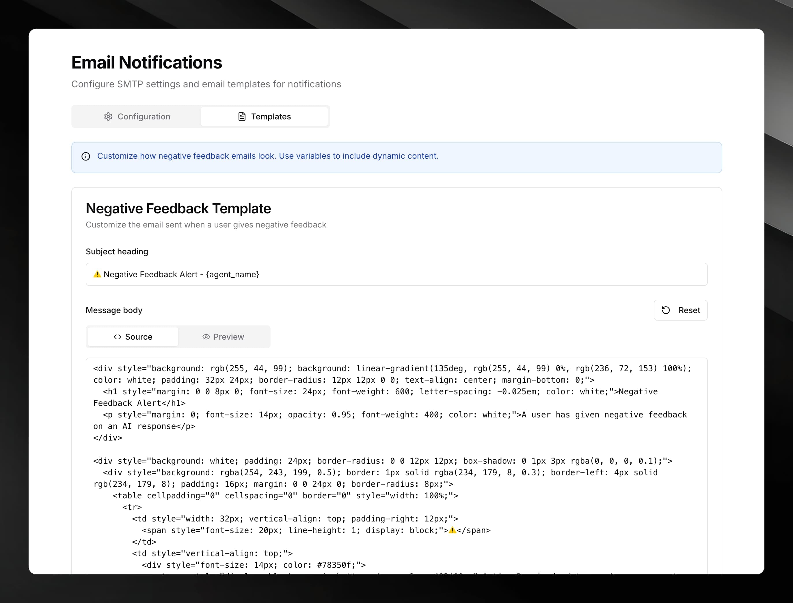Email Templates tab showing the Negative Feedback Template card with Subject and Message body fields