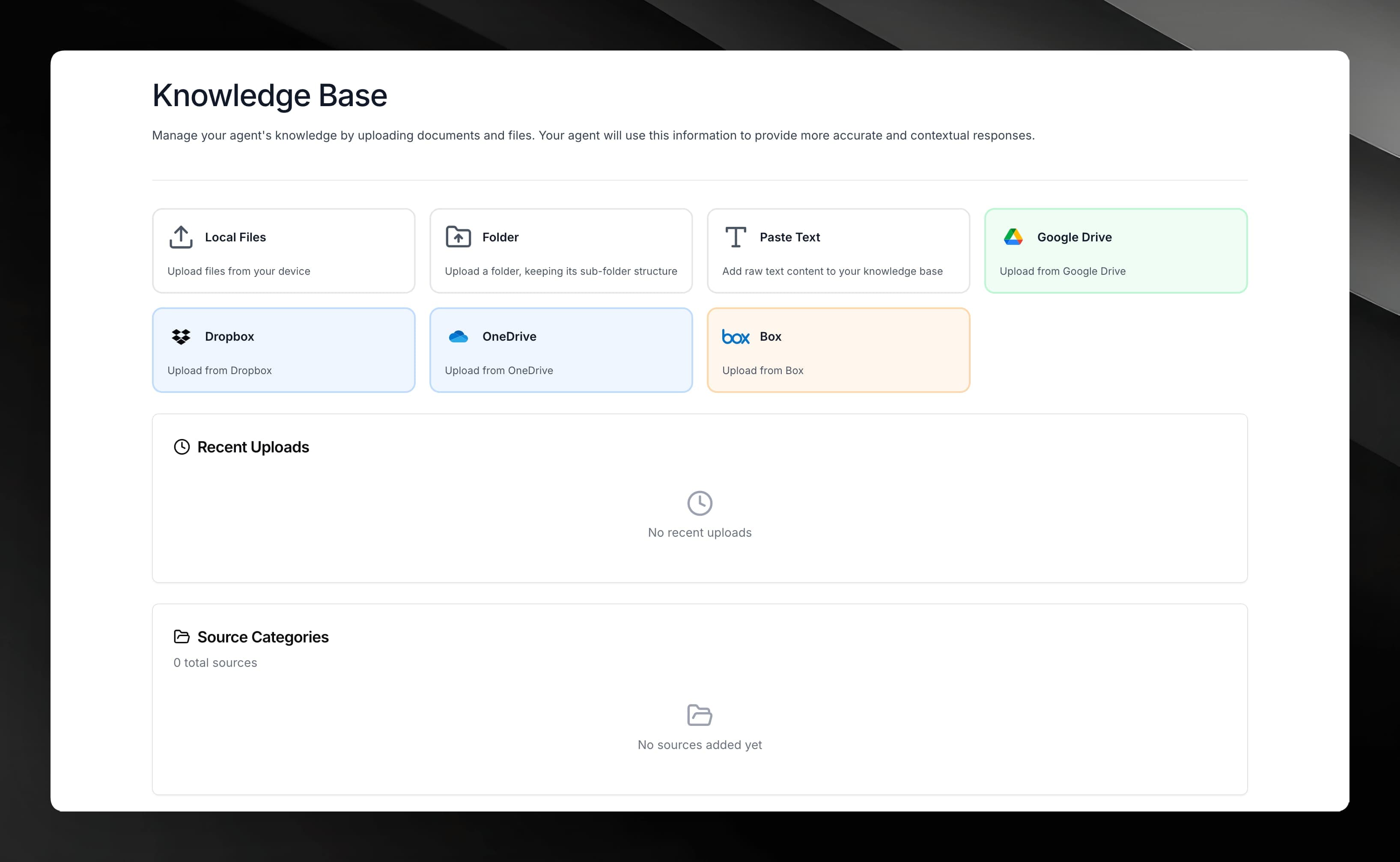 Knowledge Base page for an agent showing the empty state with the Upload Documents button