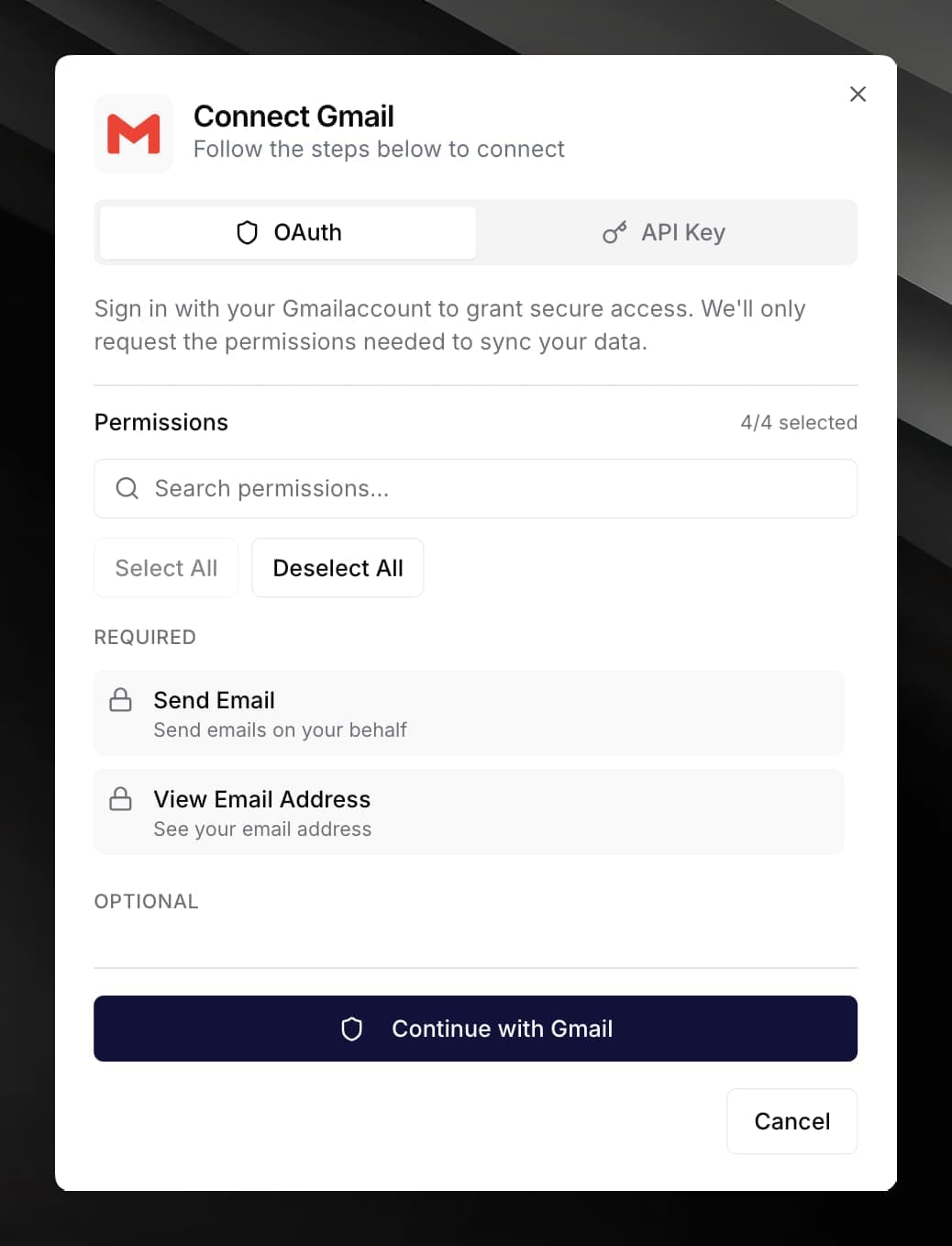 Gmail connect dialog showing the OAuth Client ID, OAuth Client Secret, Refresh Token, and From Email fields