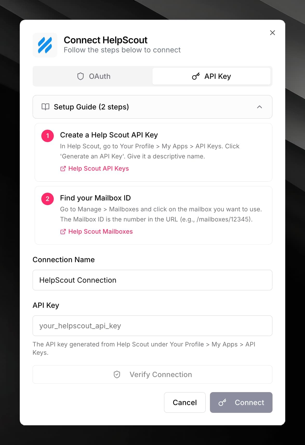 Help Scout connector credential form showing the App ID, App Secret, and optional Mailbox ID fields