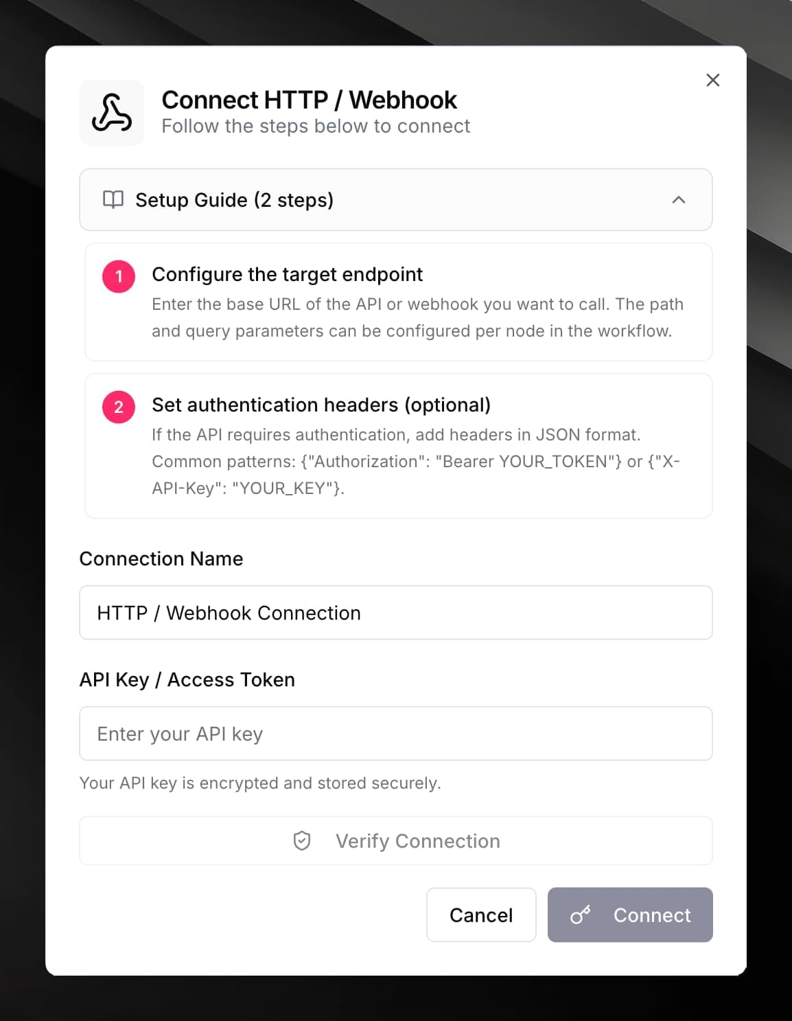 HTTP Webhook connector credential form showing Base URL and Default Headers fields