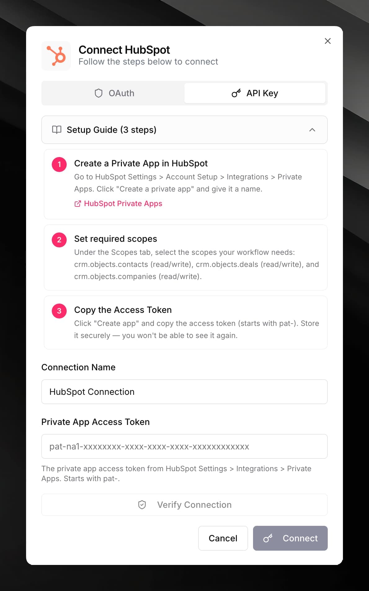 HubSpot connector credential form showing the Private App Access Token field