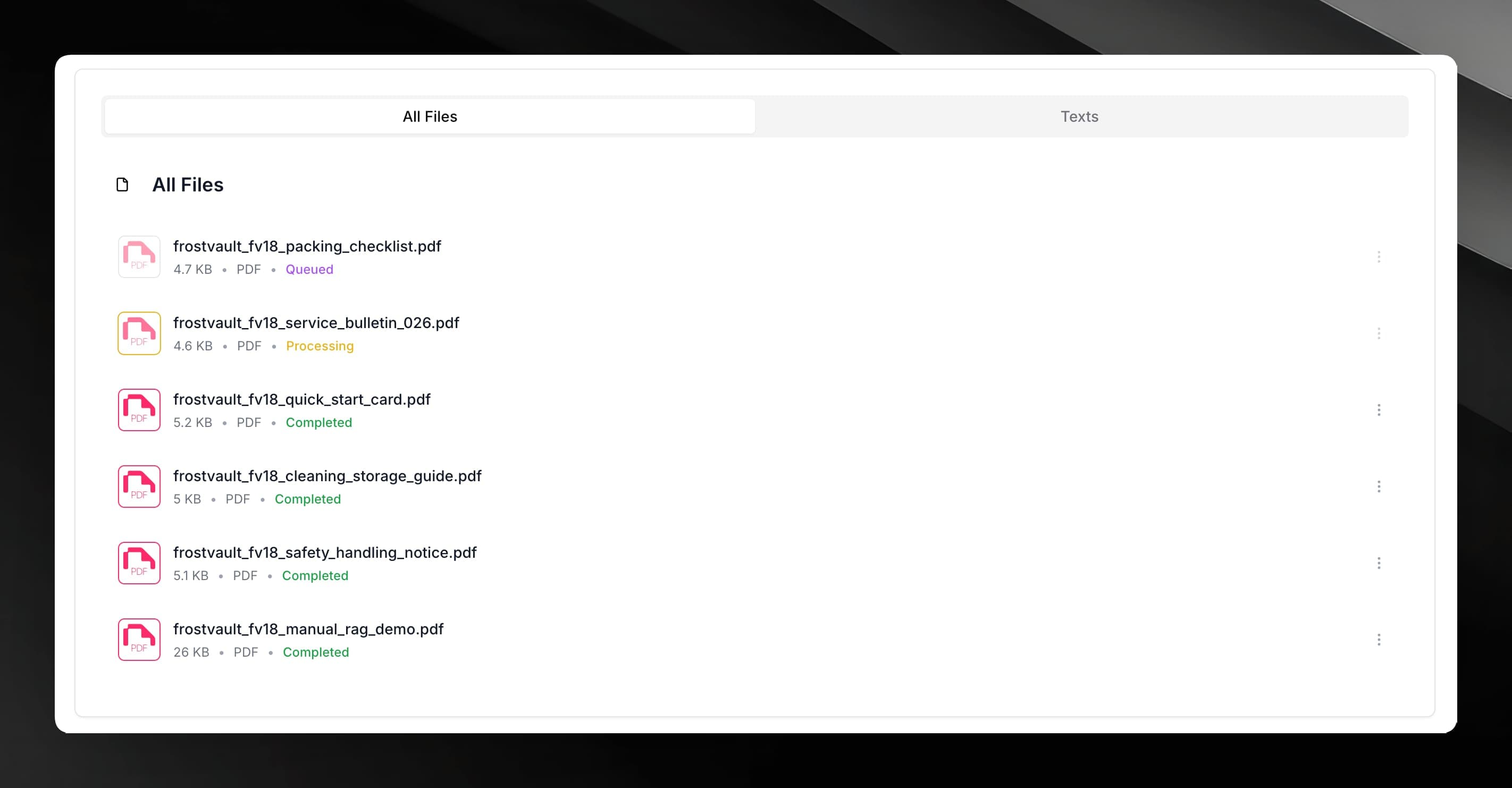 Knowledge Base page showing a list of documents with their status badges