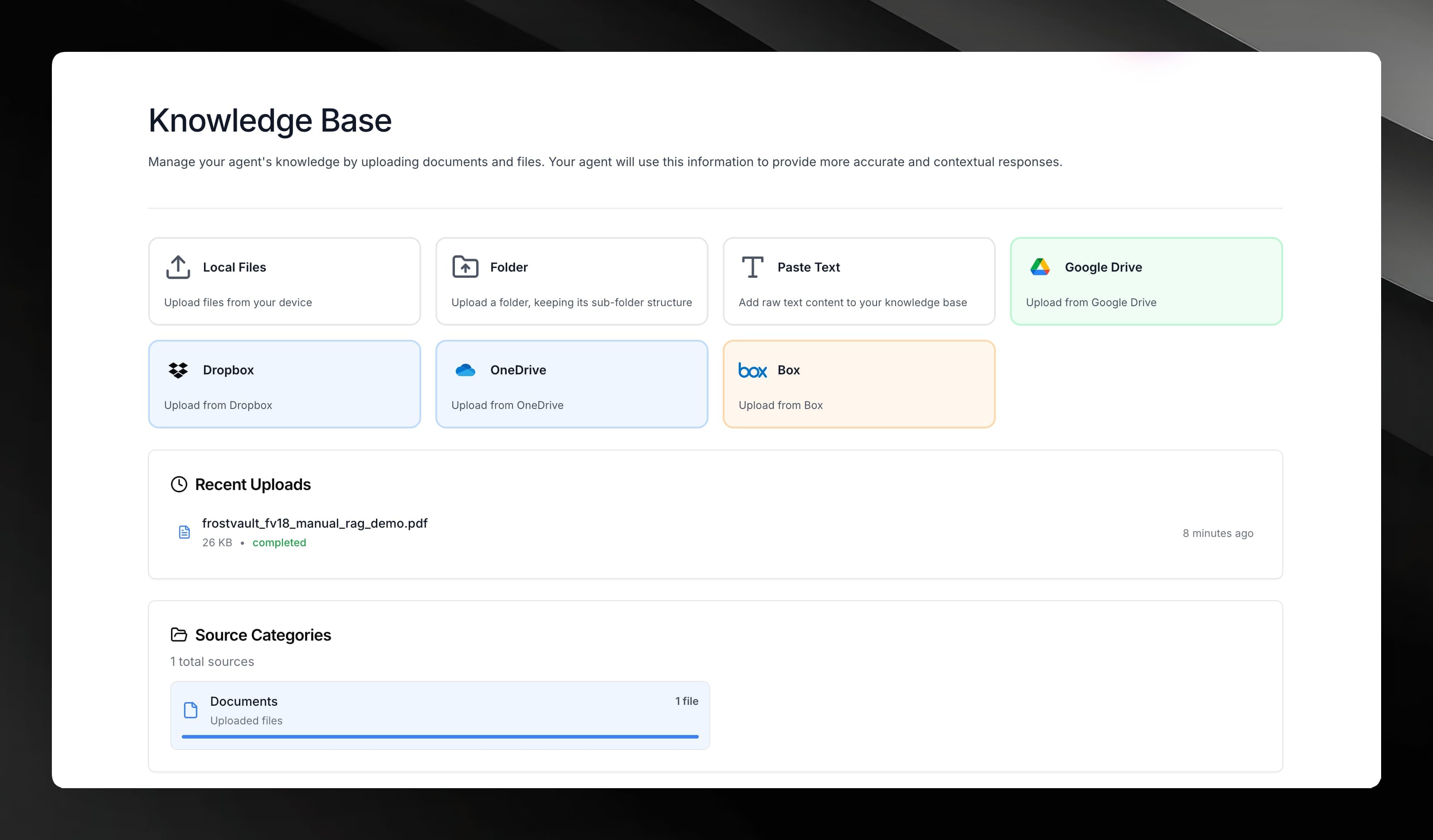 Knowledge Base tab showing the drag-and-drop upload area