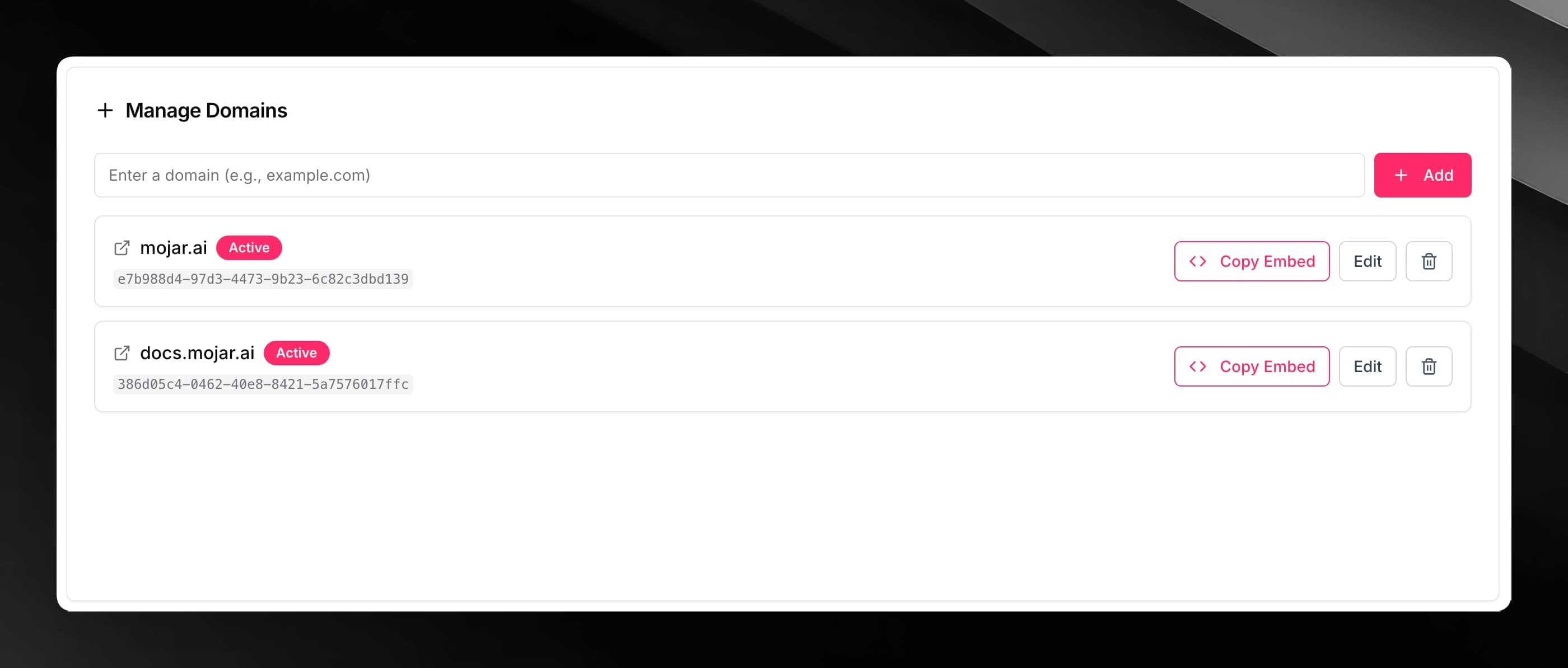 Manage Domains list showing a domain row with the Copy Embed button highlighted