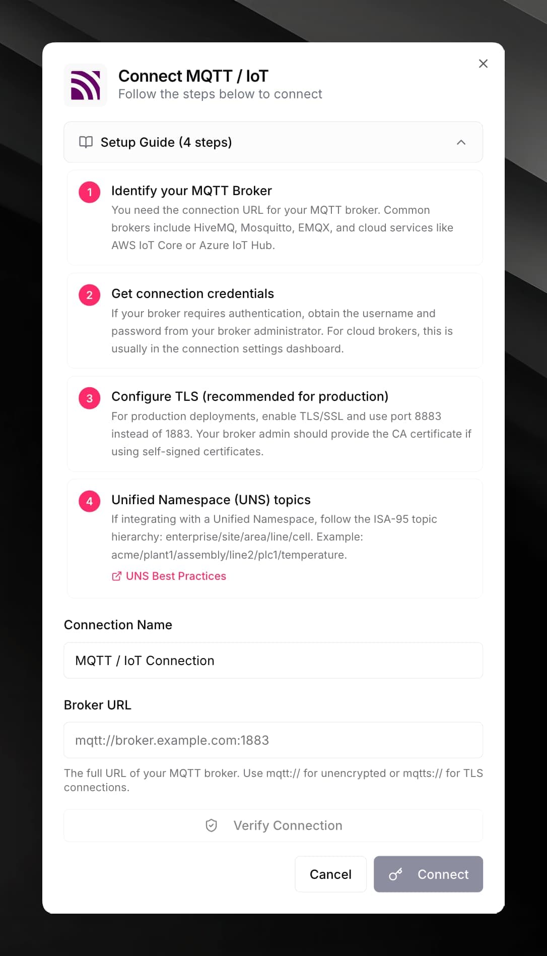 MQTT connector credential form showing Broker URL, Port, Username, Password, and Use TLS fields