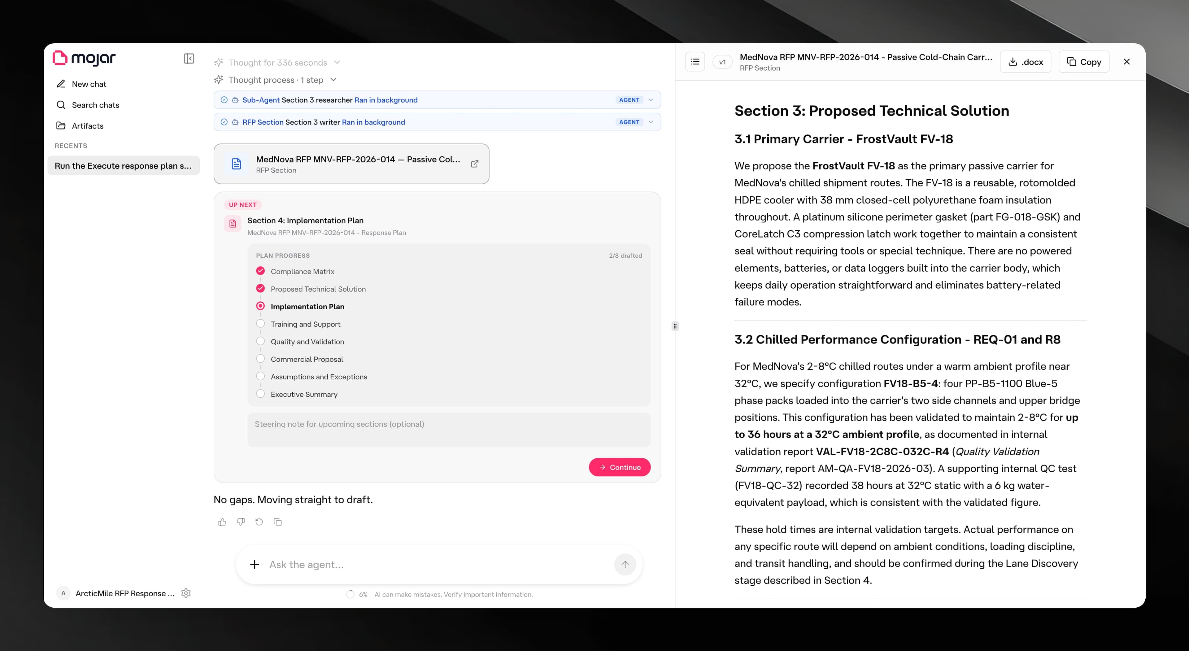 Pestle layout with chat panel on the left and artifact canvas open on the right showing a drafted section
