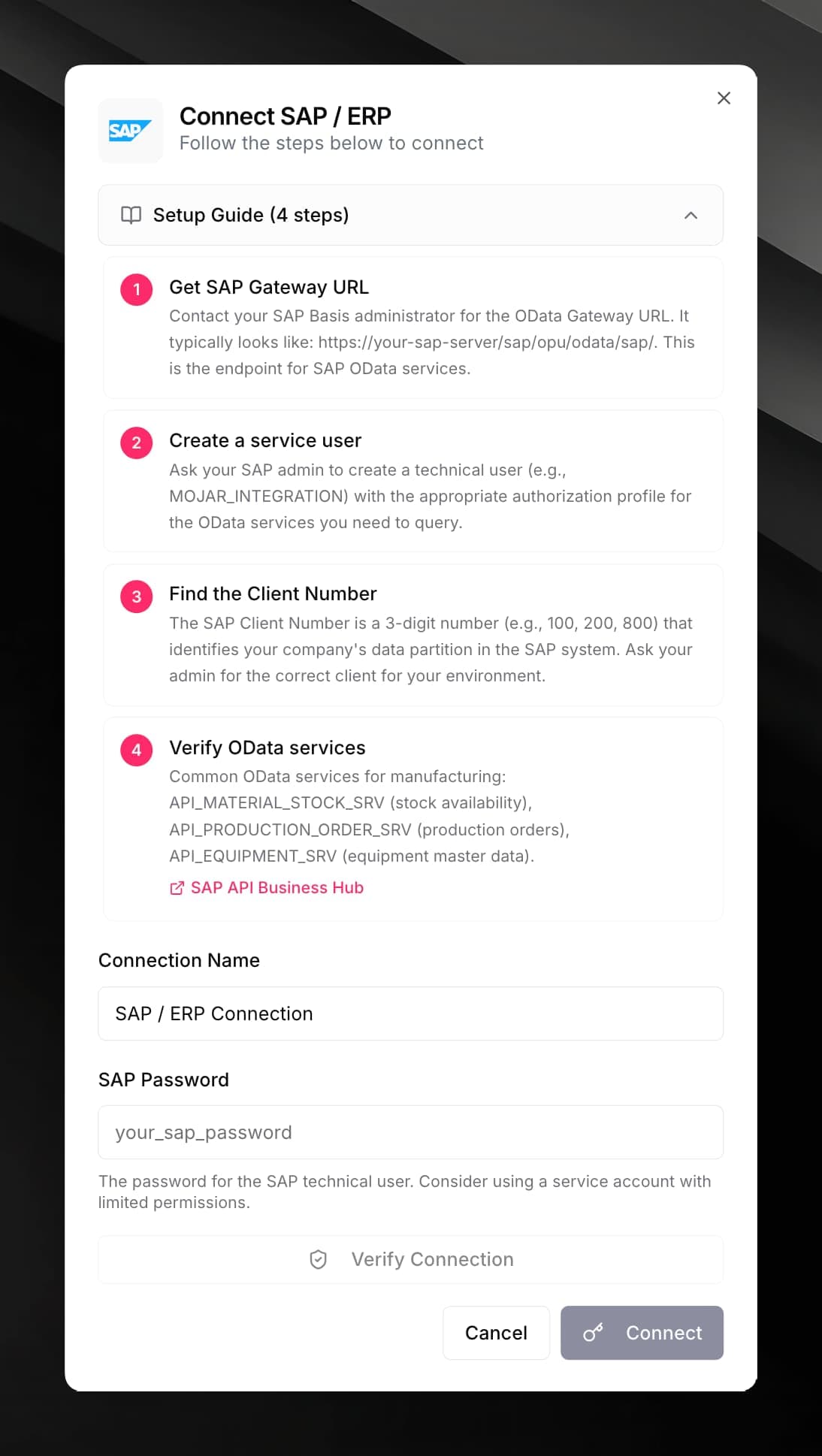 SAP connector credential form showing the SAP Gateway URL, Client Number, Username, and Password fields