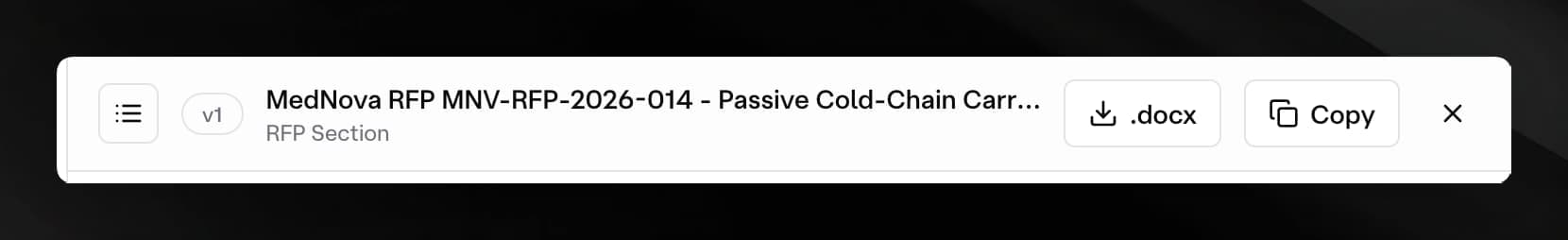 Canvas header showing title, version badge, Copy button, .docx button, and close button
