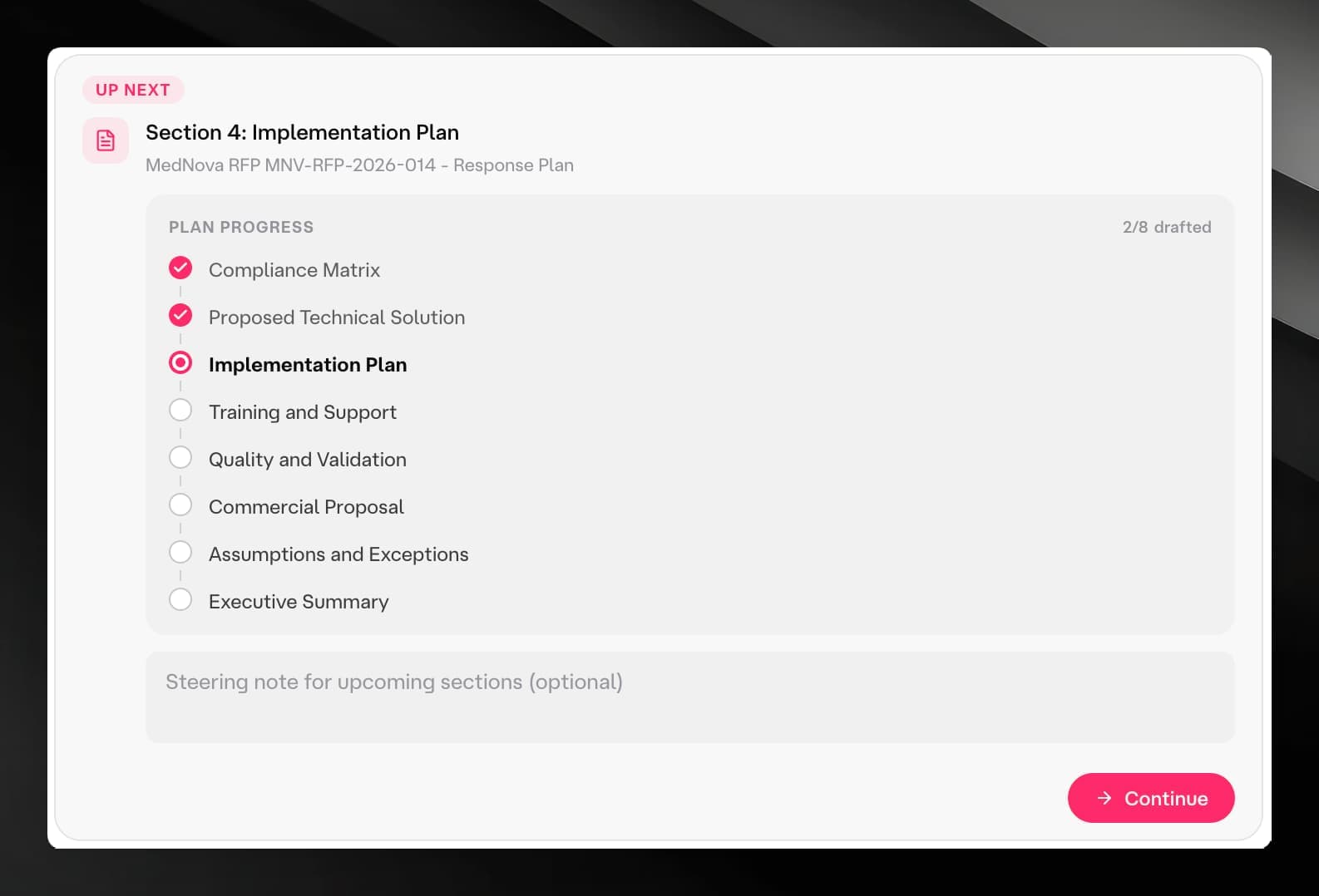 Section kickoff card showing Up next badge, section heading, plan progress timeline, steering note textarea, and Continue button