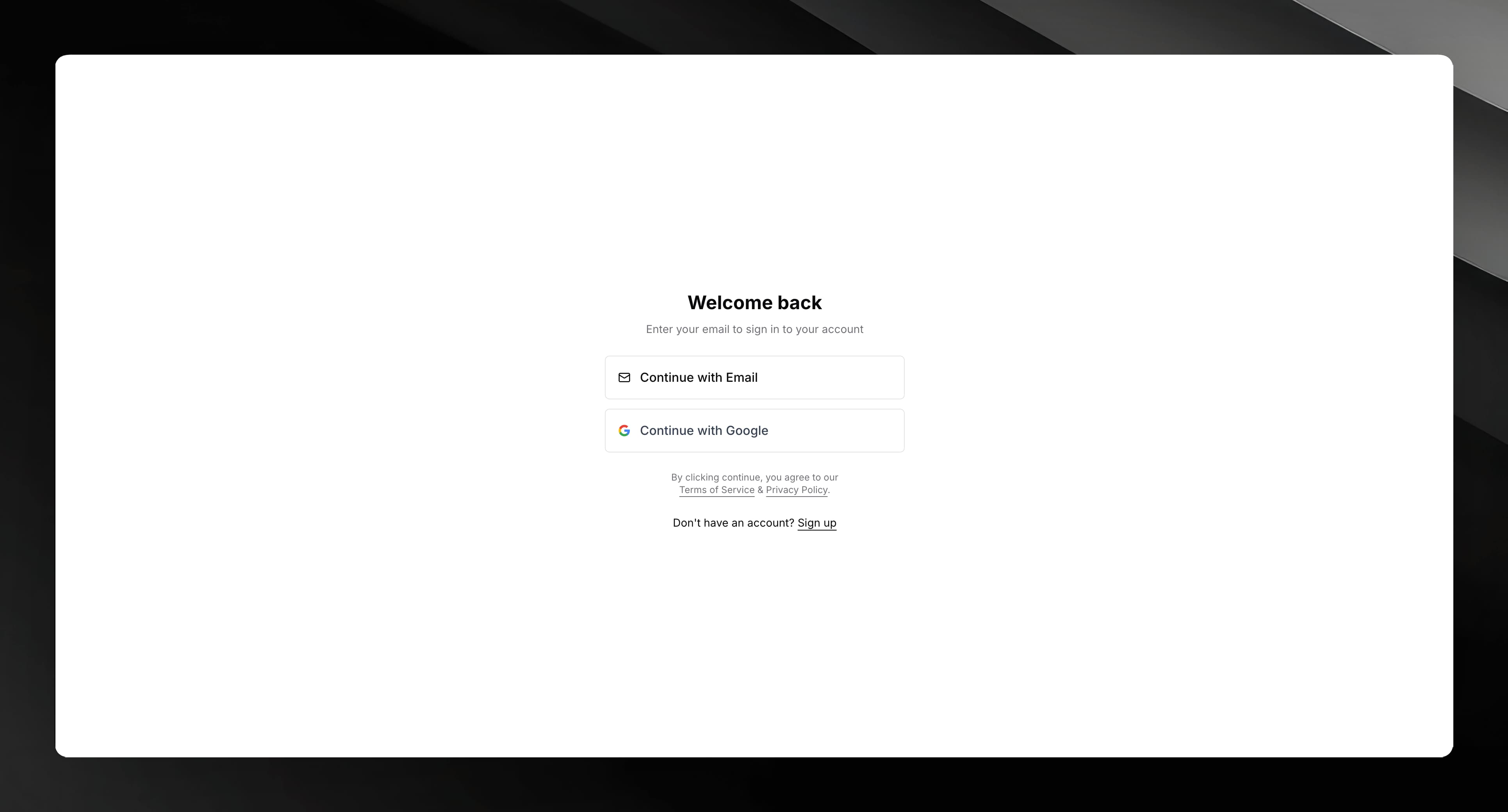 Sign-in page with Continue with Email and Continue with Google options
