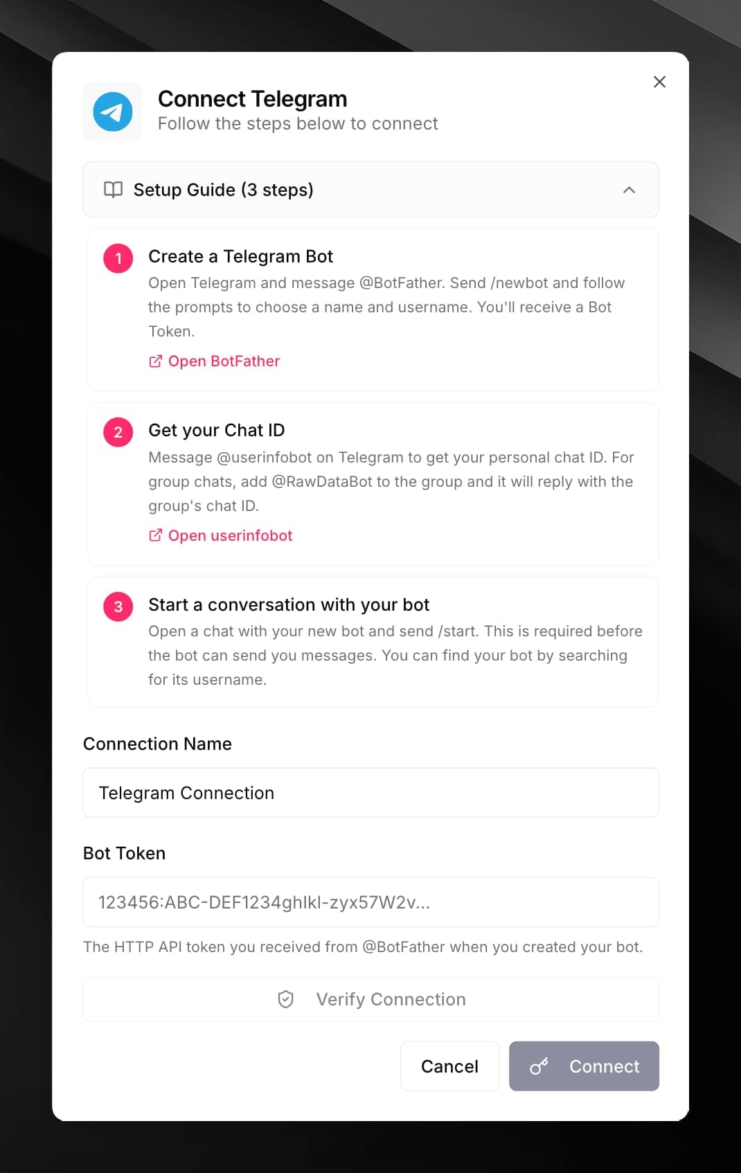 Telegram connect dialog showing the Bot Token, Default Chat ID fields, and Verify Connection button