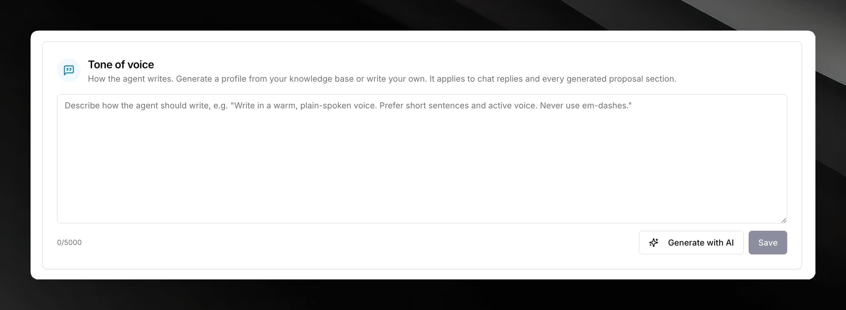 Tone of voice card on the Configure tab, showing the textarea and Generate with AI button