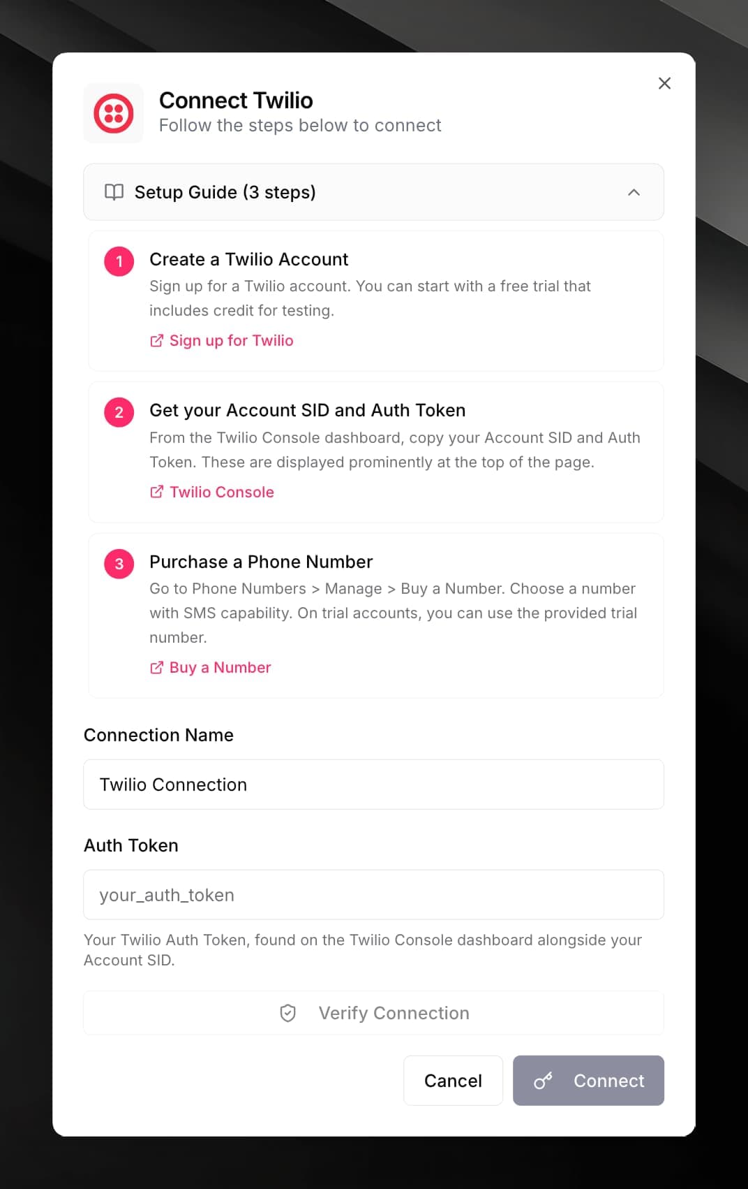 Twilio connect dialog showing the Account SID, Auth Token, From Phone Number fields, and Verify Connection button