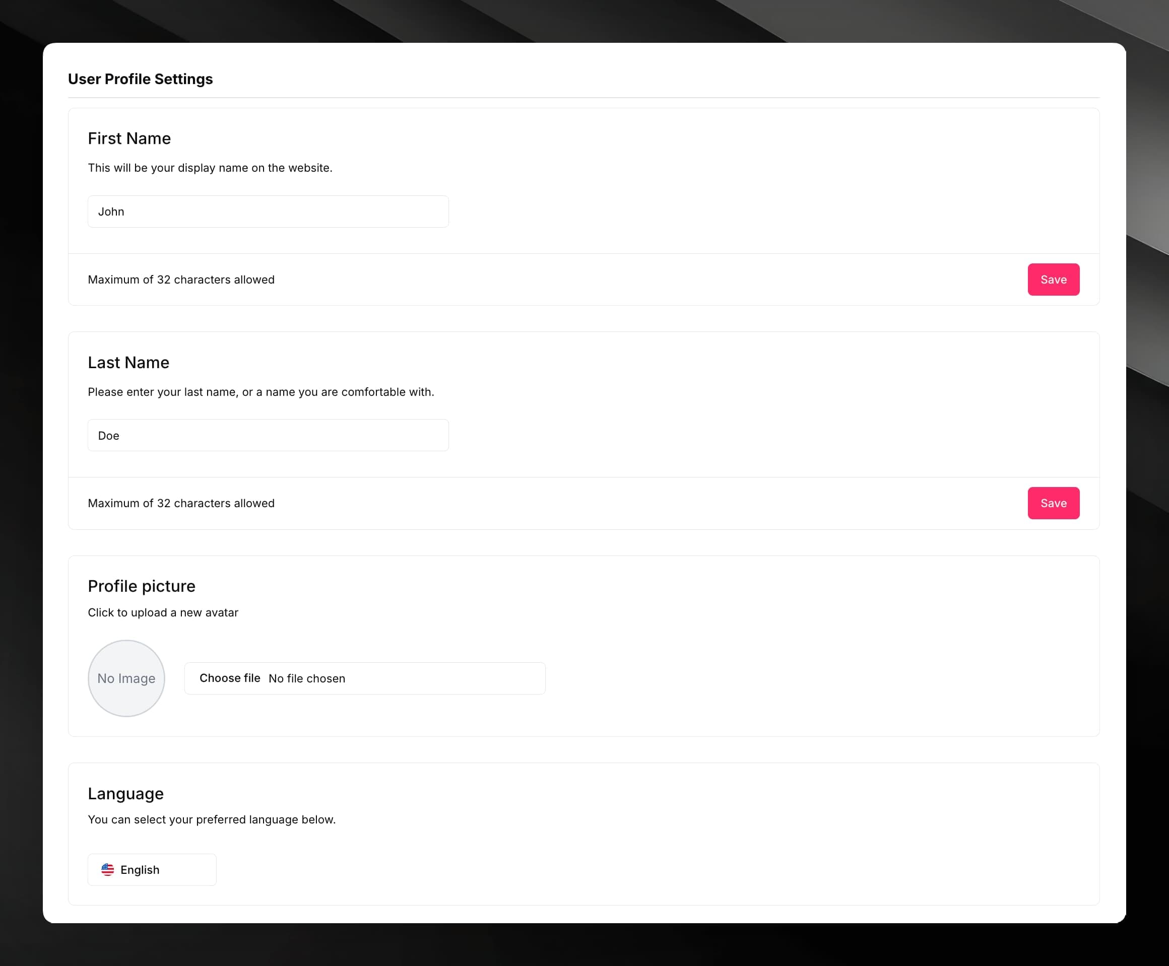 User Profile Settings page showing the First Name, Last Name, Profile picture, and Language sections