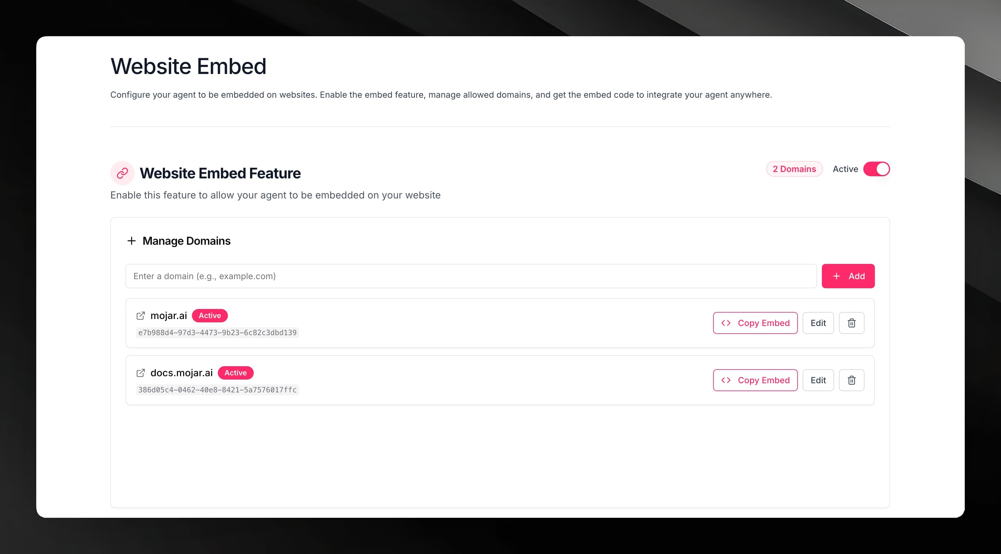 Website Embed Feature tab with Active toggle, domain count badge, and domain list
