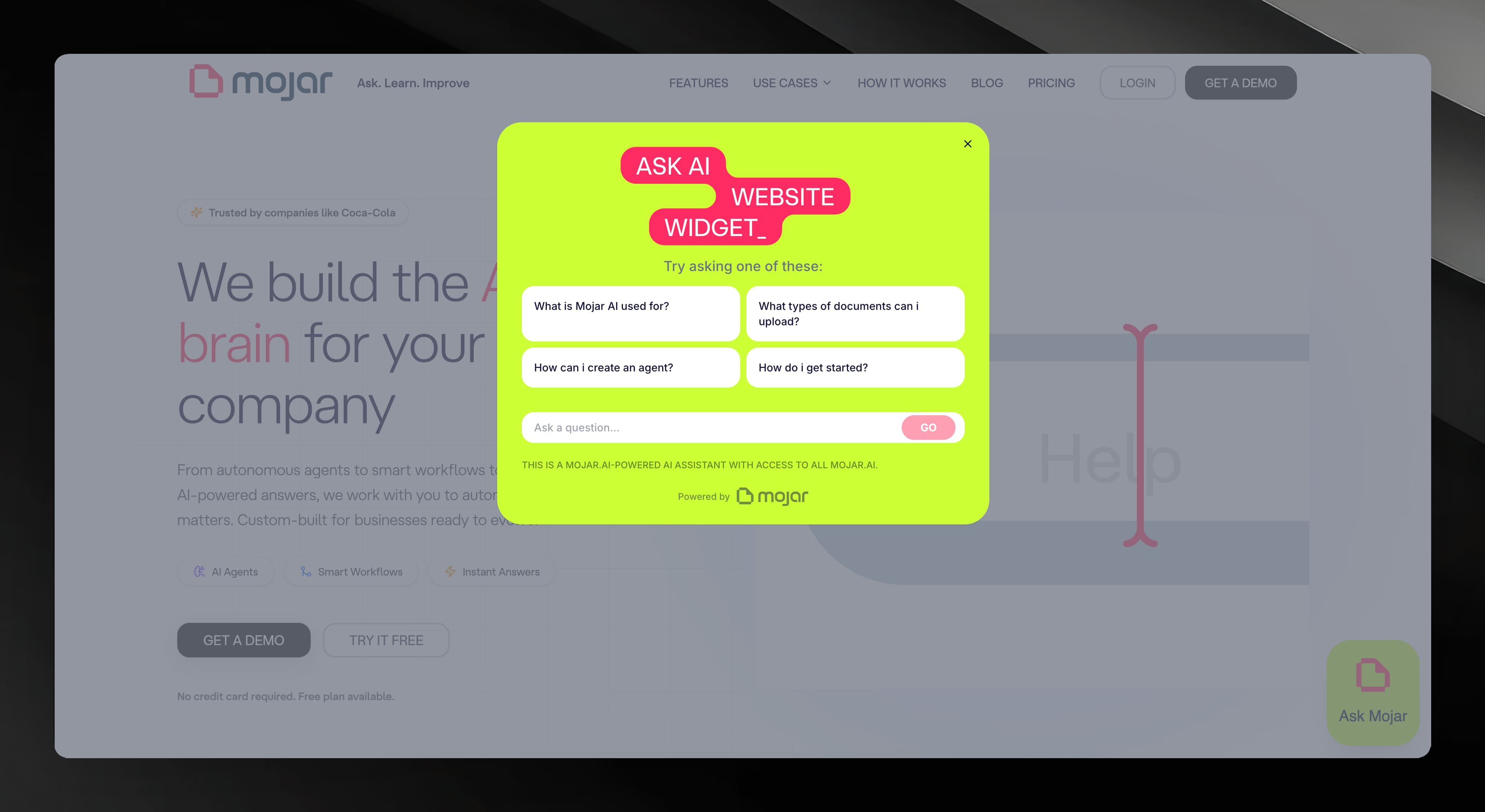 Webpage with the Mojar chat button visible in the bottom-right corner and modal open showing a conversation