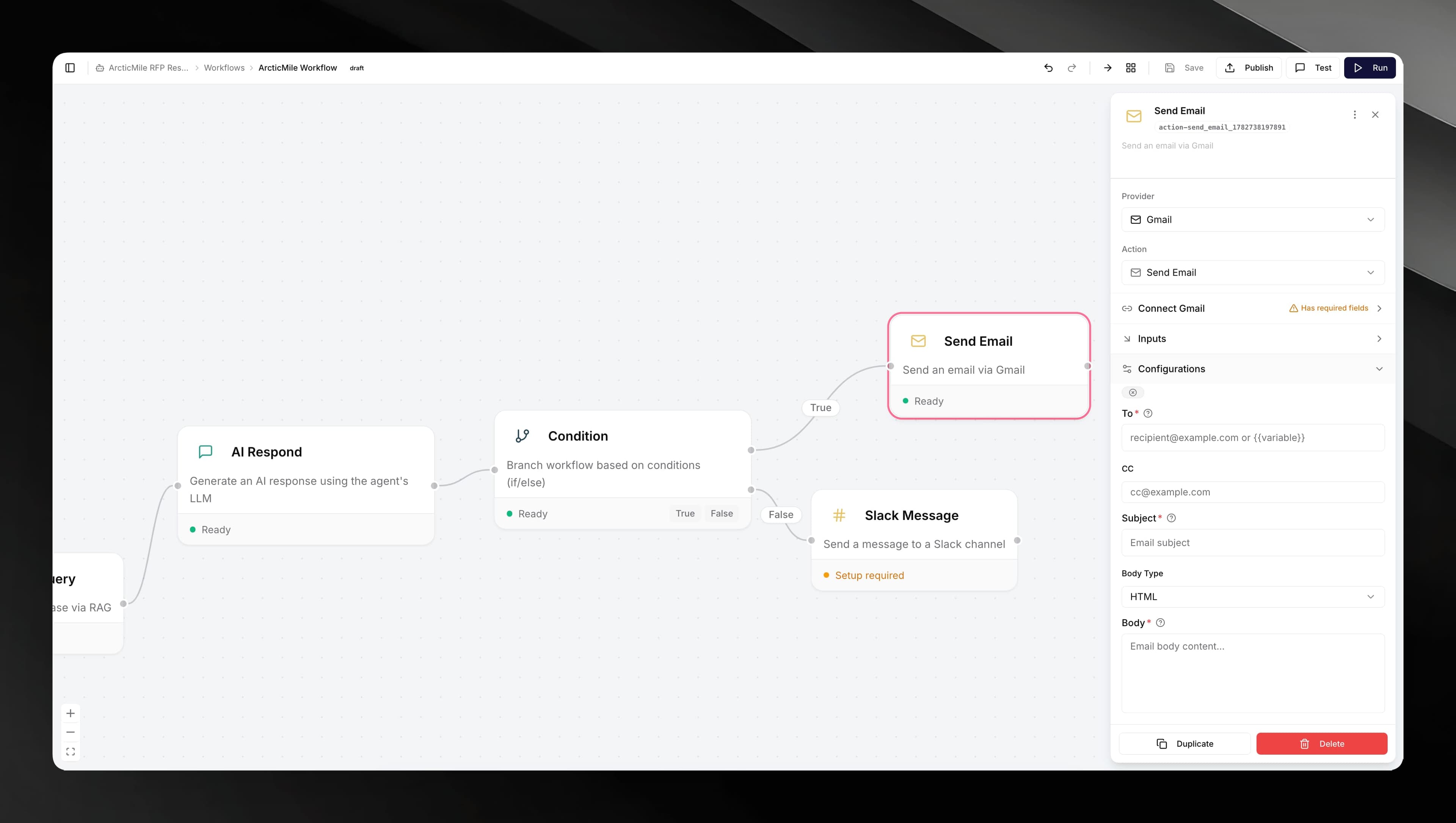 Workflow editor with a Send Email node selected showing the credential picker and To, Subject, and Body fields