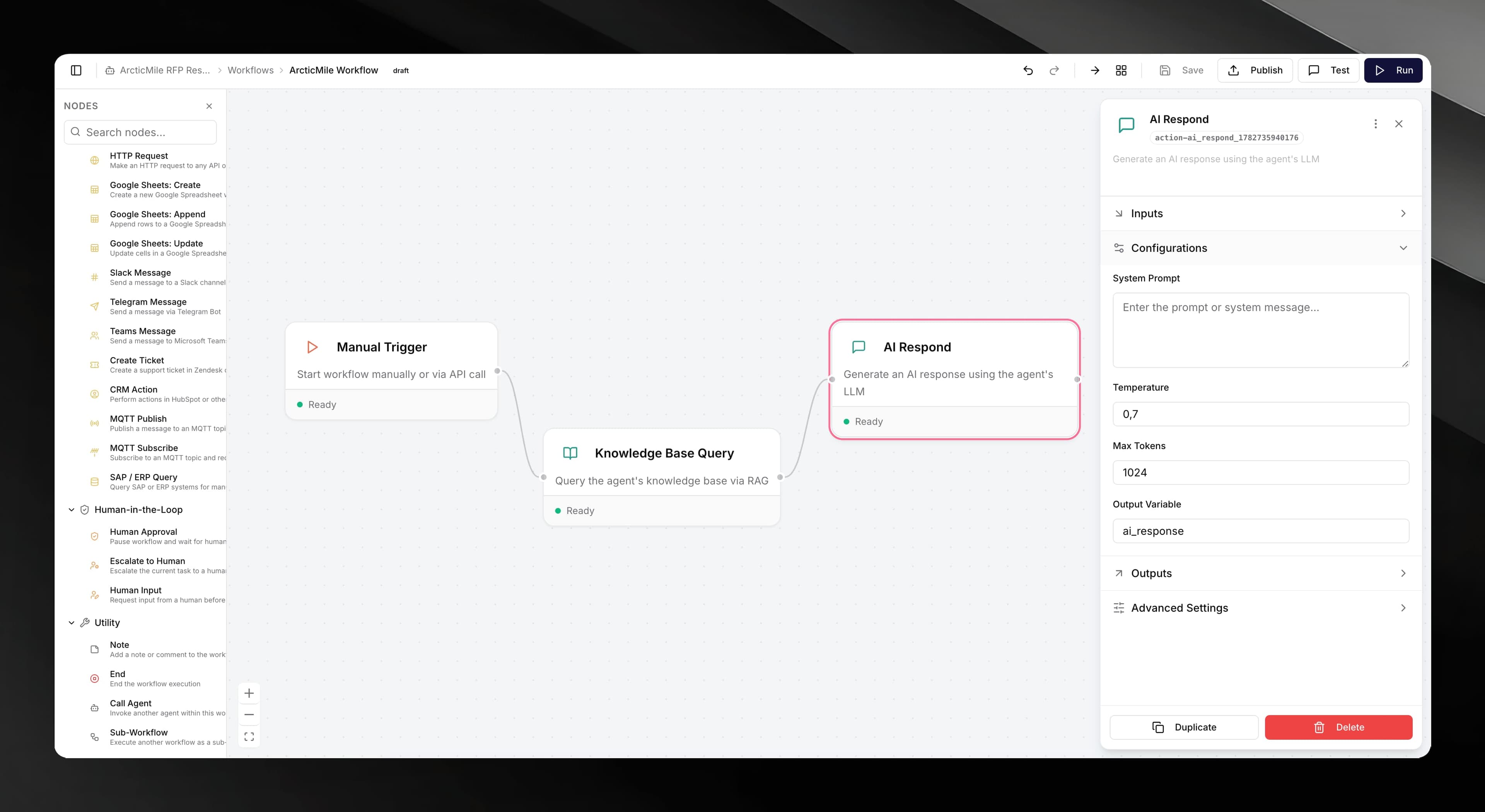 Workflow editor open with an example canvas, node palette, toolbar, and AI Respond node configuration panel